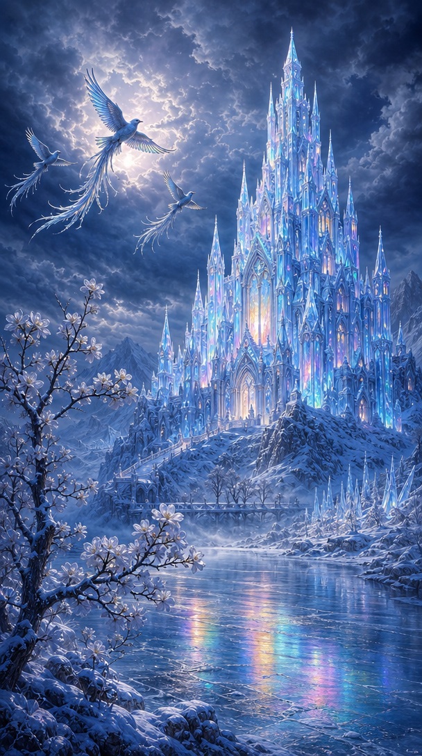 Crystalline Ice Castle on a Snowy Hill Fantasy Art — AI result, variation 2 of 2