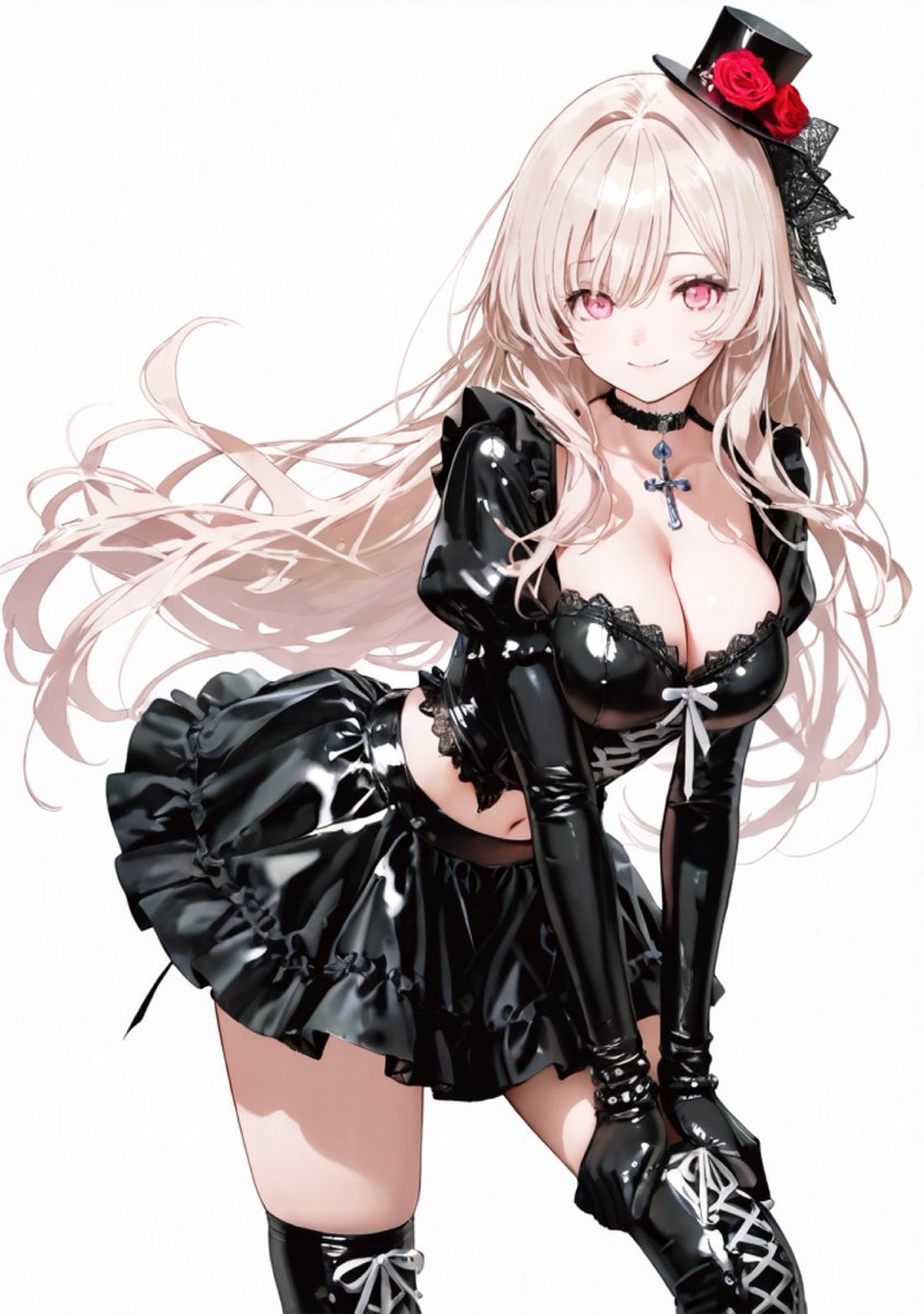 A full-length illustrated character dressed in a black latex cropped top, lace-up bodice, ruffled mini skirt, and red platform heels. Small red roses on a tiny…