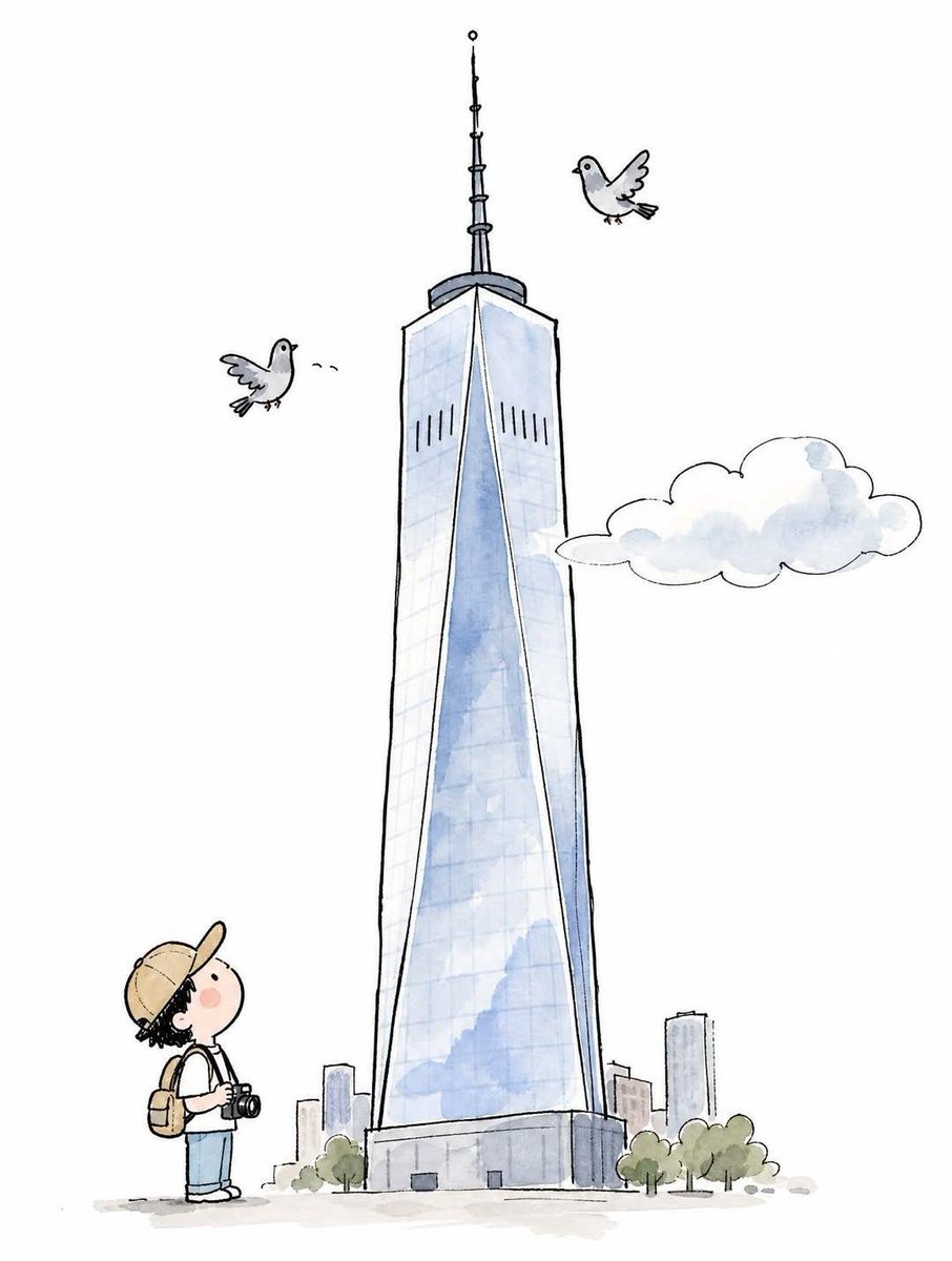 A wobbly brush-pen sketch of a landmark standing tall on a clean white page, with round little tourists at its base and a puffy cloud drifting past. The…