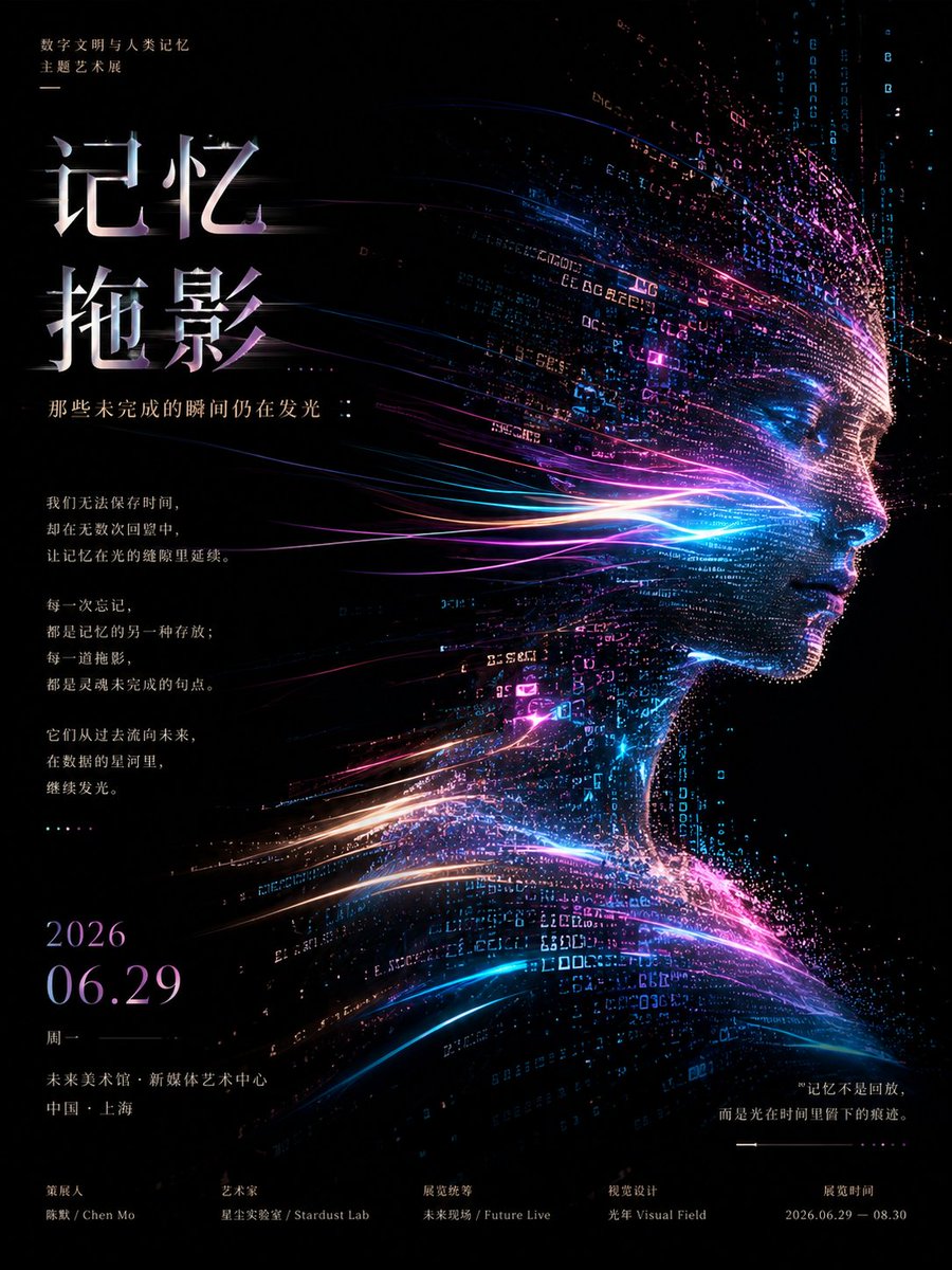 A vertical black-ground poster where a human silhouette is built from glowing pixels and code, its edges dissolving into particles. Neon streams cut across the…