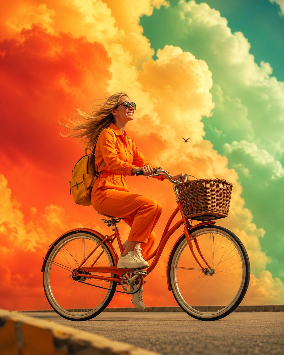 A small figure on a vintage bicycle rides a bare road beneath towering clouds washed in orange, yellow and mint green. The scale contrast and a lone bird in…