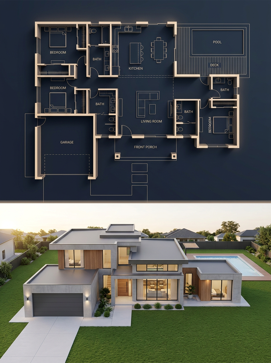 Dark Blueprint and Photorealistic House Split View — AI result, variation 2 of 2