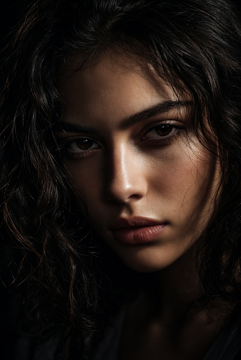 A tight close-up of a young woman with damp, tousled dark curls and intense eyes, lit so one side falls into deep shadow while the cheekbones, nose bridge and…