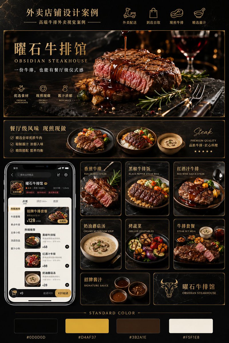 A full brand proposal board for a premium food delivery shop, with a hero food shot, a phone homepage mockup, product cards and a standard color palette.…