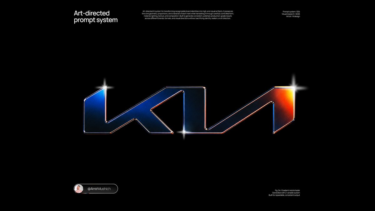 A brand logo rebuilt as a shallow, machined blue-black metal emblem with mirror-polished bevels, lit by cobalt and amber studio strips. The official shape…