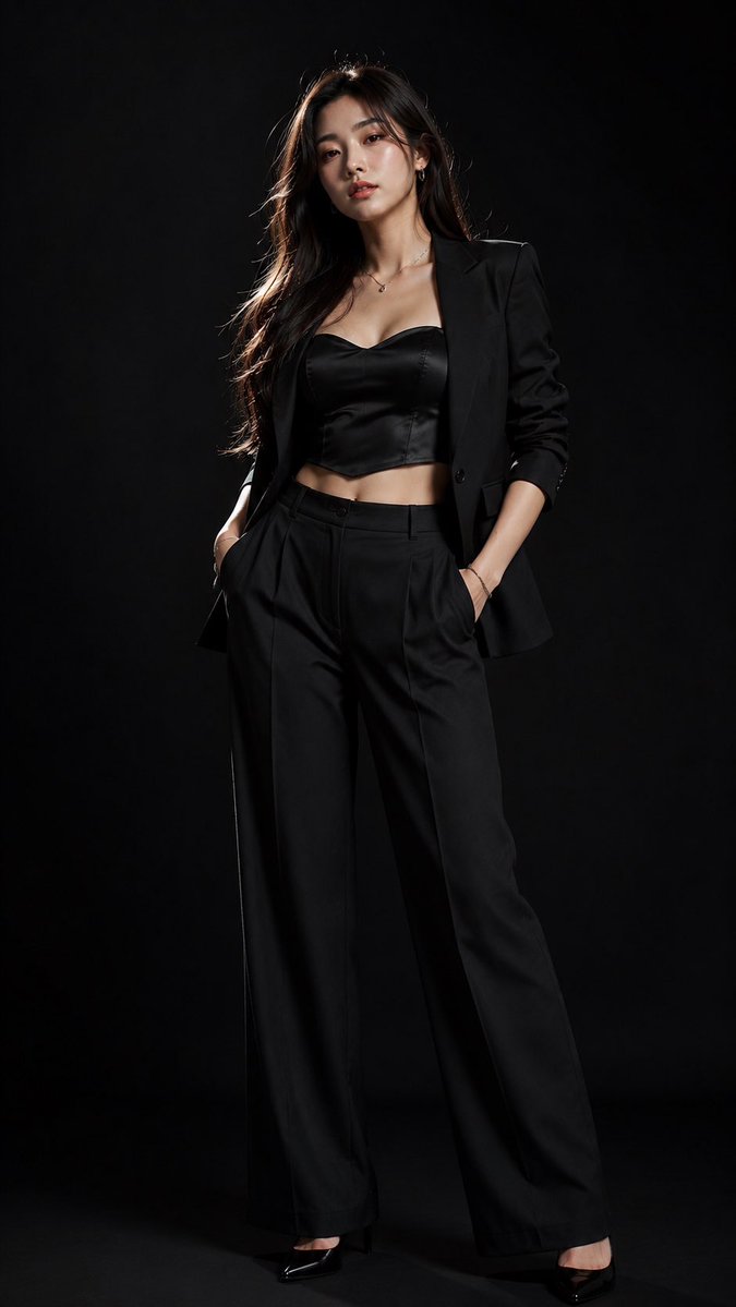 A confident young woman stands against a near-black seamless backdrop, lit by one soft softbox and a faint rim light. The tailored blazer, satin camisole and…