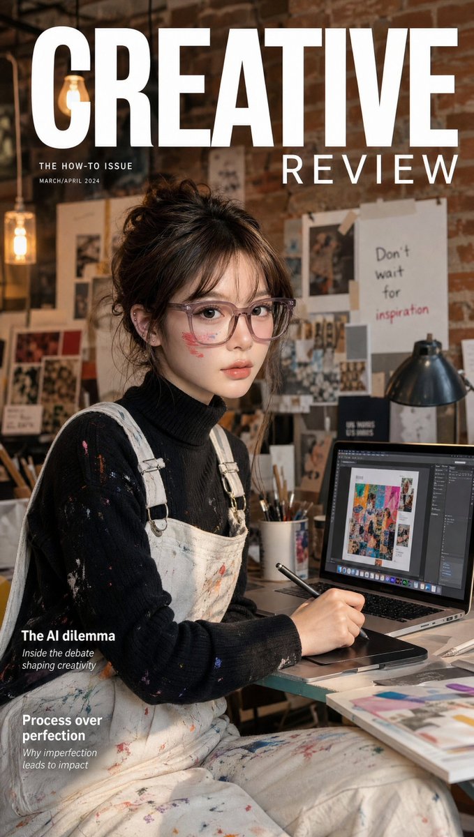 A photorealistic magazine cover of a designer at a laptop in a warm brick loft, with a stylus, graphic tablet and paint-spattered overalls. The glow of the…