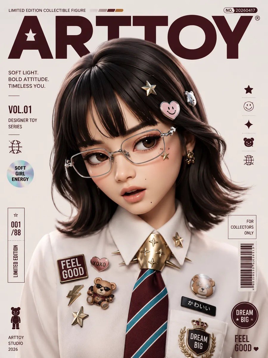 Your photo comes back as a glossy collectible vinyl figure, with enlarged eyes, polished skin and a magazine-cover layout. Pins, stickers and patches sit…