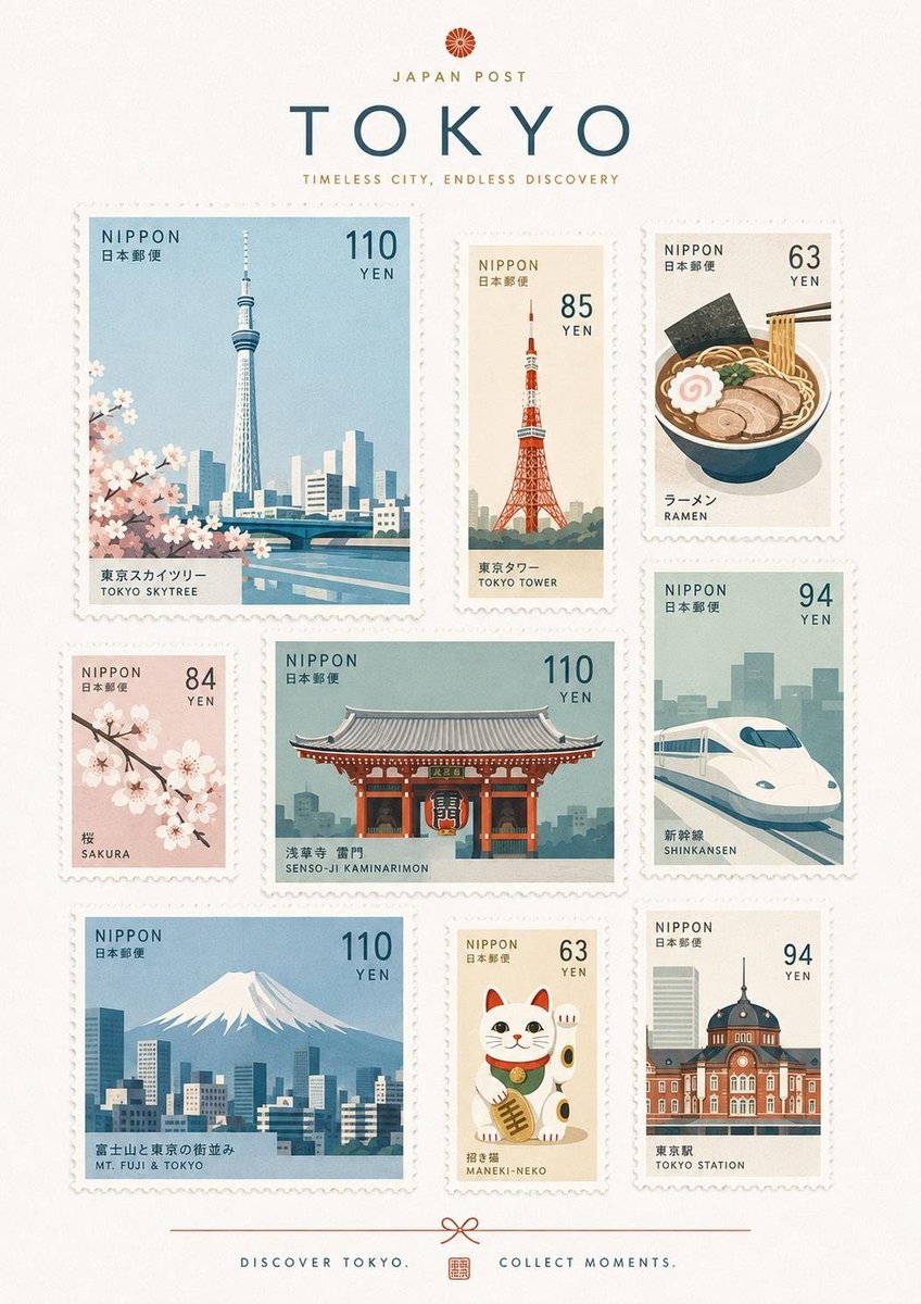 A vertical A4 sheet of seven to nine stamps, each a single simplified subject such as a landmark, dish or flower. Varied sizes and a limited palette give it a…