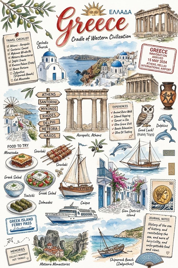 A handmade-looking travel sheet filled with soft watercolor washes, pen sketches of landmarks, stamps and postcards, and small food and street scenes, all…
