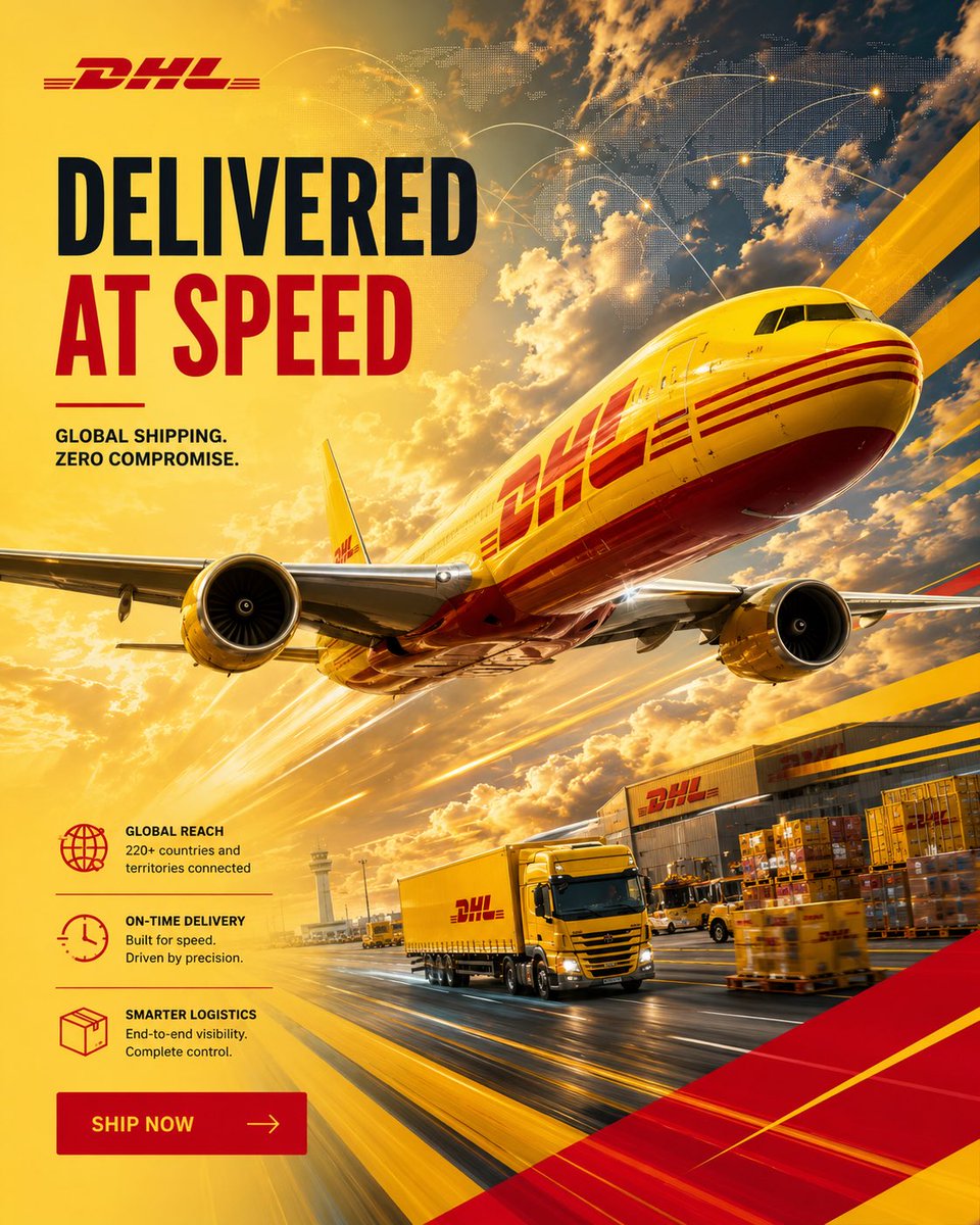 A DHL cargo jet rushes out of the clouds toward the viewer, trailing speed streaks across a yellow and red poster. Bold diagonal shapes and a world grid make…