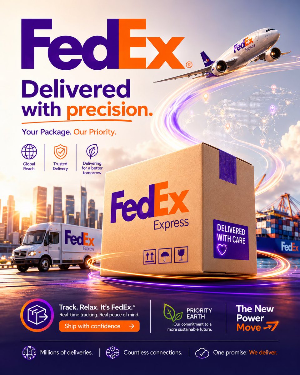 A premium vertical poster with a realistic matte cardboard parcel in DHL red and yellow, set on a warm gray backdrop with soft light trails. The result reads…