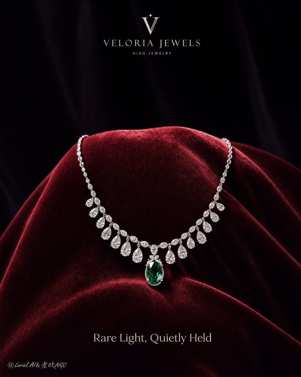 A single white gold necklace of pear and oval diamonds with one emerald drop rests on a sculpted mound of crimson velvet under a pool of studio light. The top…