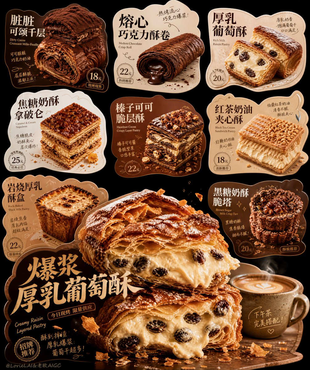 A black editorial board of irregular die-cut dessert cards, each with a Chinese headline and price badge. One oversized layered cream pastry, split open beside…