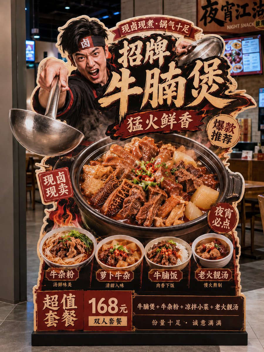 A white-background draft of a large die-cut floor sign where a character lunges past the frame toward a glossy hero dish. The title is built into the sign as…