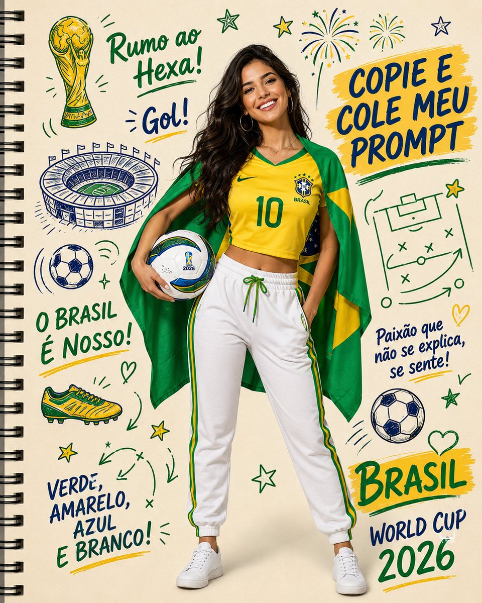 A spiral-bound notebook page in cream and bright marker colours, with a confident fan in a yellow jersey holding a football at the centre. Doodles of trophies…
