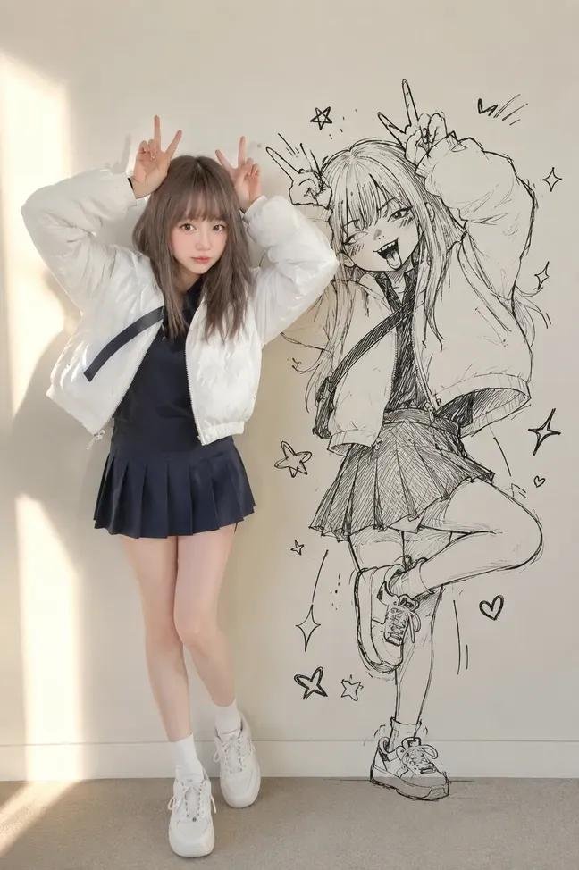 A realistic full-body figure shares a wall with a black hand-drawn sketch of itself, both mid-pose. The real version looks reluctant and cute while the doodle…