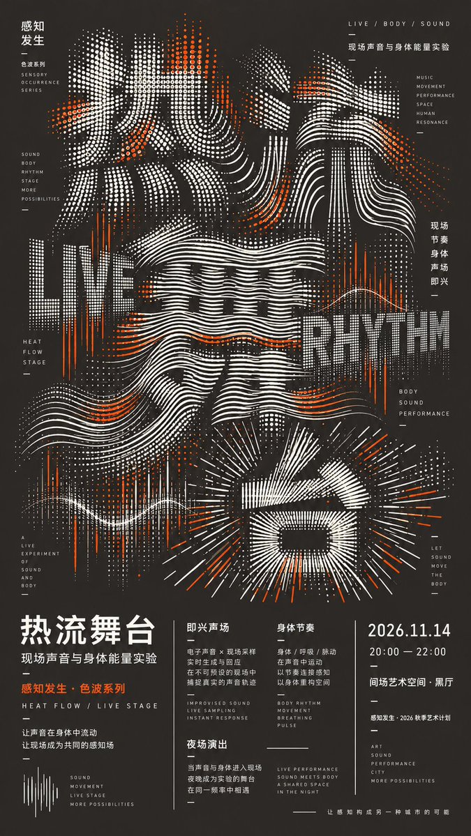 A dark culture poster where the main title is rebuilt from dot matrices, arcs, ripples and radial grids instead of ordinary type. The letters soften and…