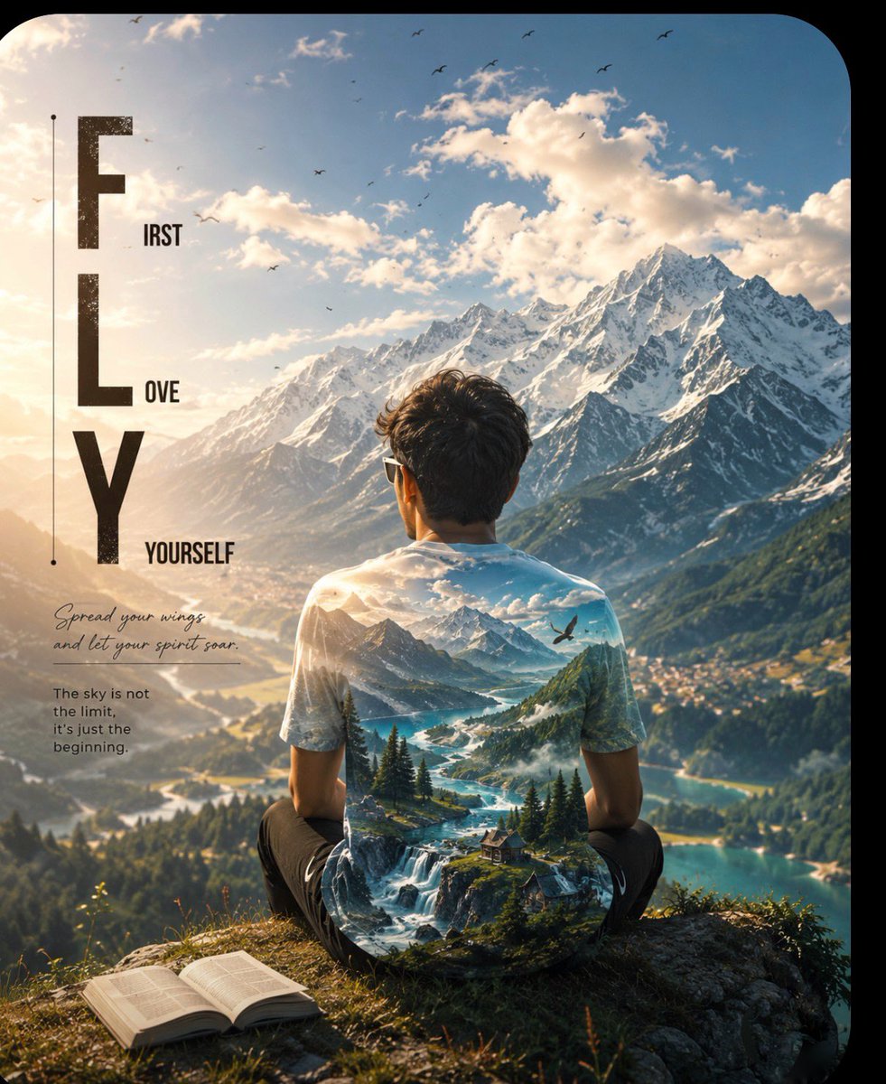 A young man sits on a cliff edge with an alpine valley resting inside his silhouette, rivers, pine forests and waterfalls filling his outline. Vertical type…