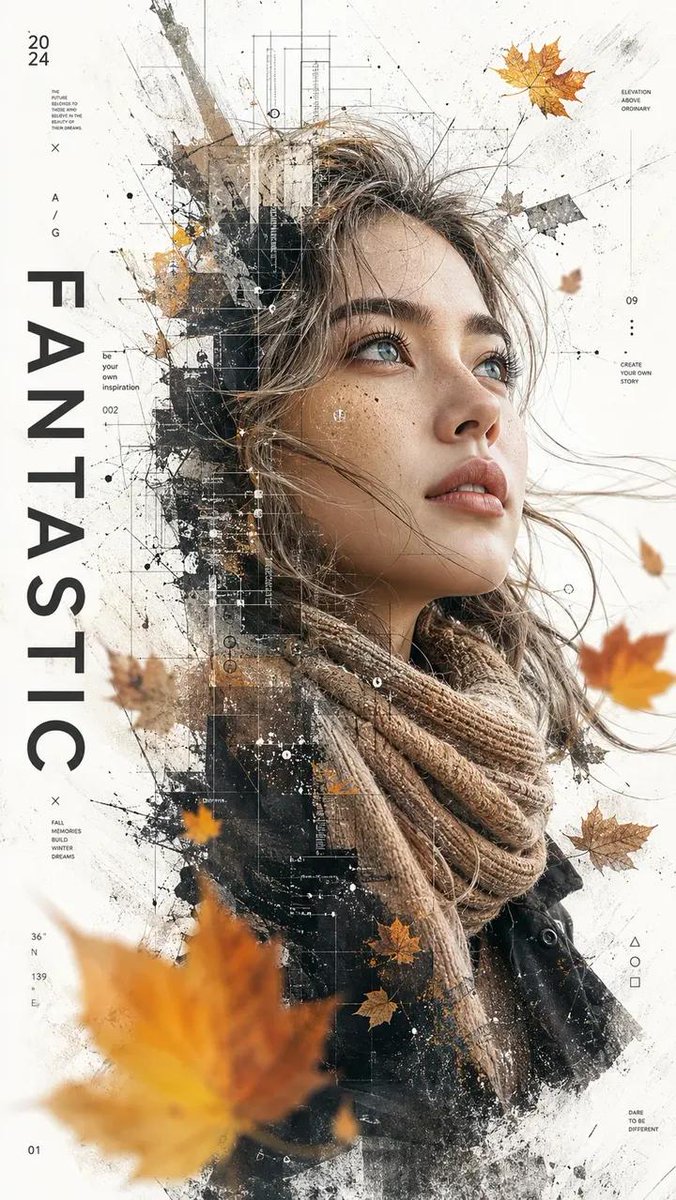 Double Exposure Portrait With Autumn Leaves and Type — AI result, variation 2 of 3