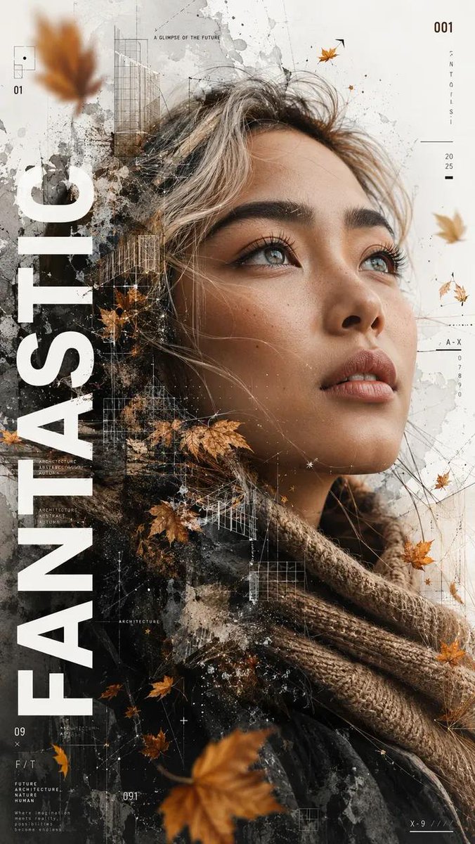 Double Exposure Portrait With Autumn Leaves and Type — AI result, variation 3 of 3