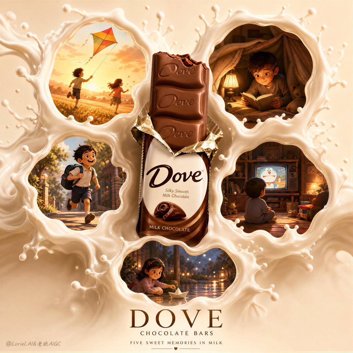A hyper-real Dove chocolate bar sits at the center while a sculptural milk-cream splash frames five glowing animated childhood scenes. The mood is tender…