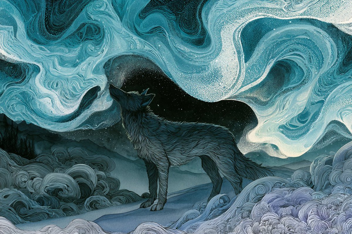 A subject dissolves into a swirling, dreamlike ink drawing built from expressive lines, dense hatching and fine stippling. Soft washes of two accent colors…