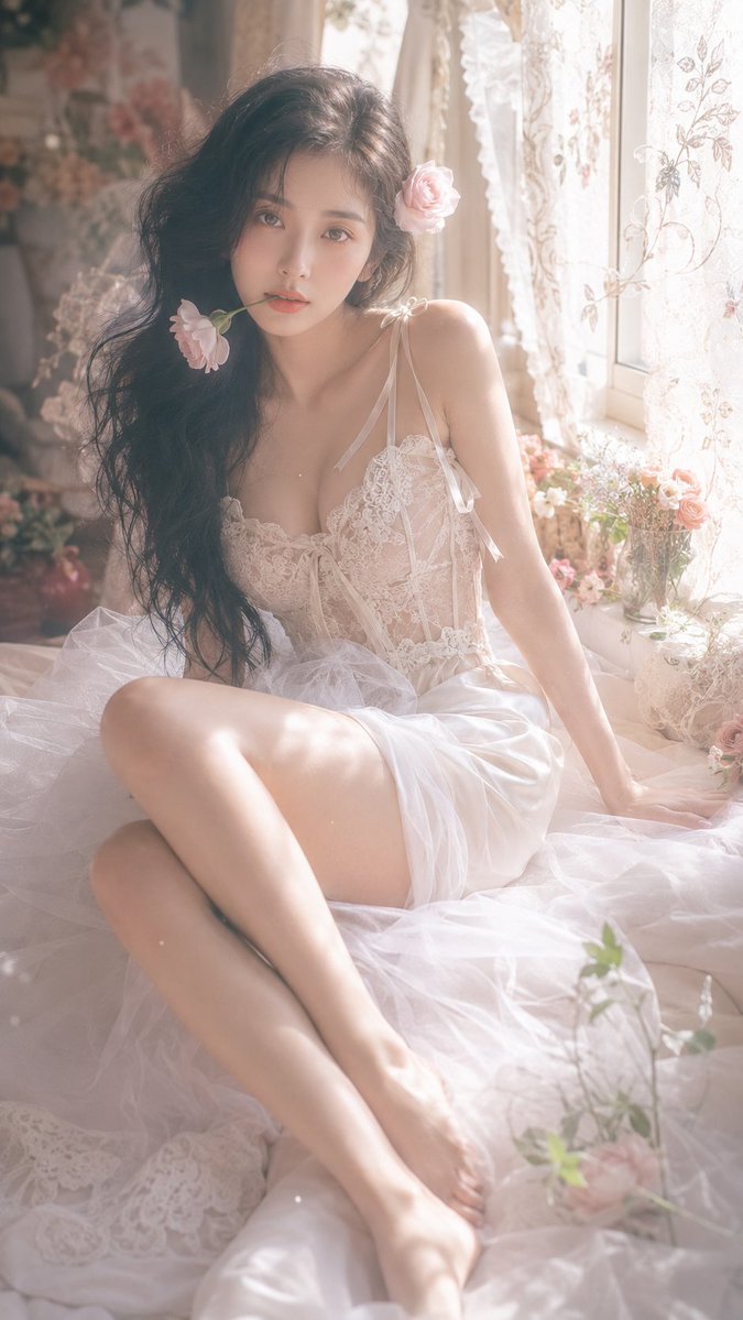 A young woman sits beside a bright window in a lace-and-tulle bedroom, with creamy highlight bloom and pastel light leaks. The result reads as a soft…