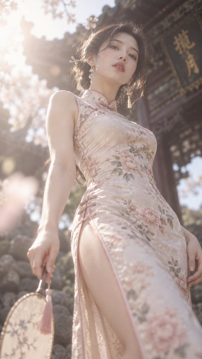 A tall, slender figure in a qipao rises above the frame from a low angle, wrapped in warm light that spills past the edges and softens everything into a hazy…