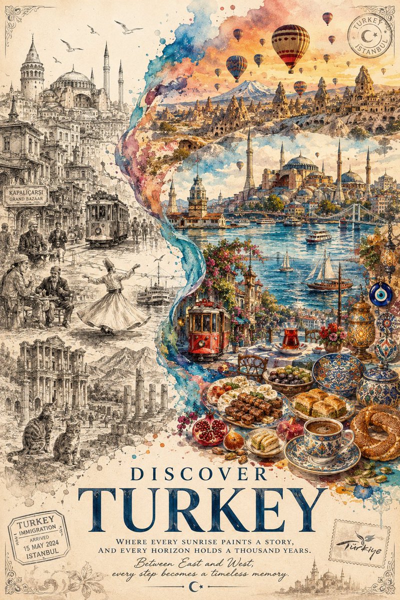 A vertical tourism poster split between a monochrome ink sketch of a destination's history and a colourful watercolour portal full of its landmarks, food and…