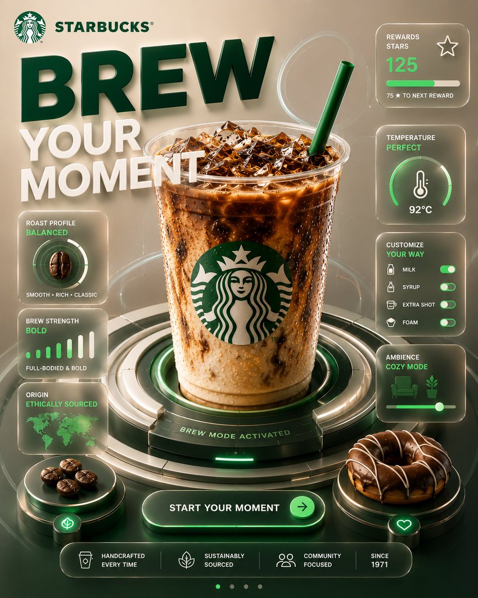 A giant iced coffee rises from a glowing orange and pink ring, surrounded by floating glass panels that read like a productivity dashboard. Two donuts sit…