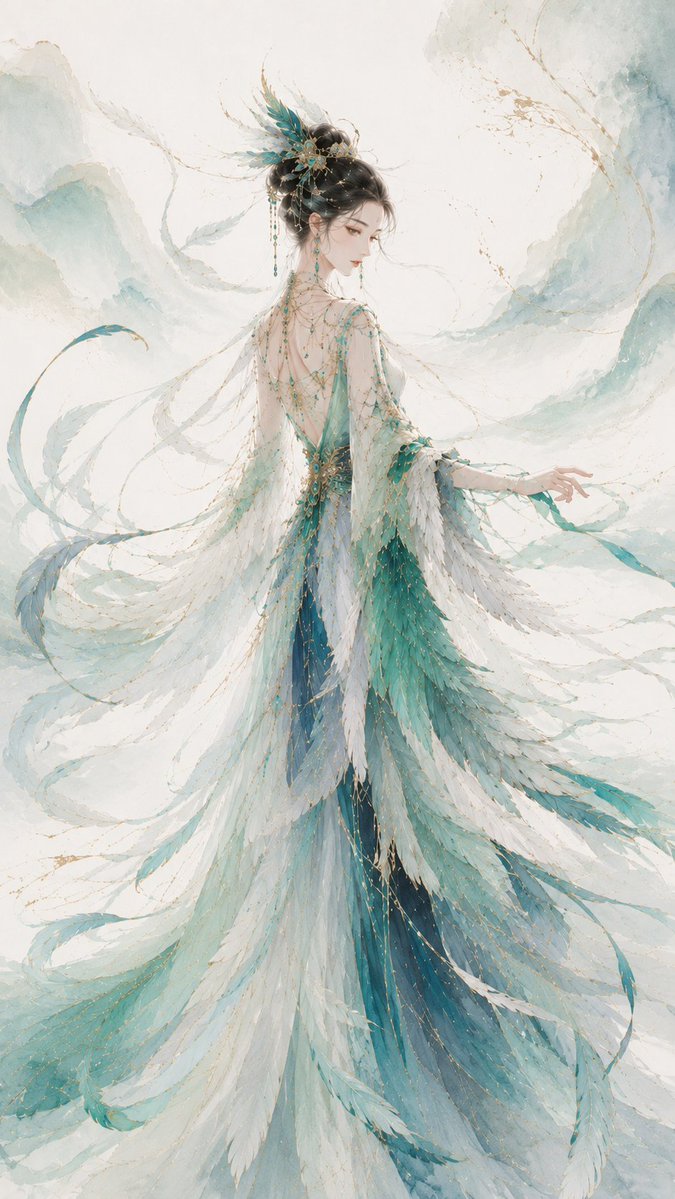 A tall, airy poster of a slender woman in a fantasy gown, where beast-inspired feathers, scales and mist are woven into the fabric instead of drawn as…