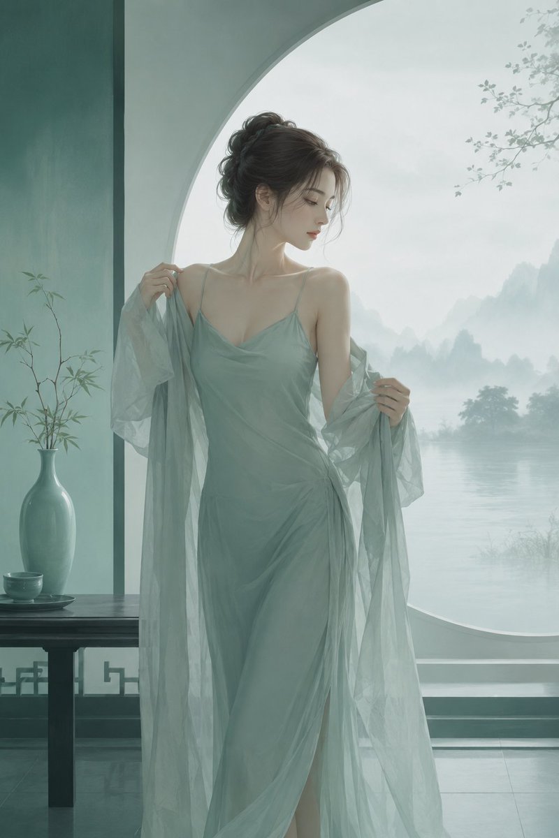 Eastern Zen Semi-Realistic Illustration in Cyan-Green — AI result, variation 2 of 4