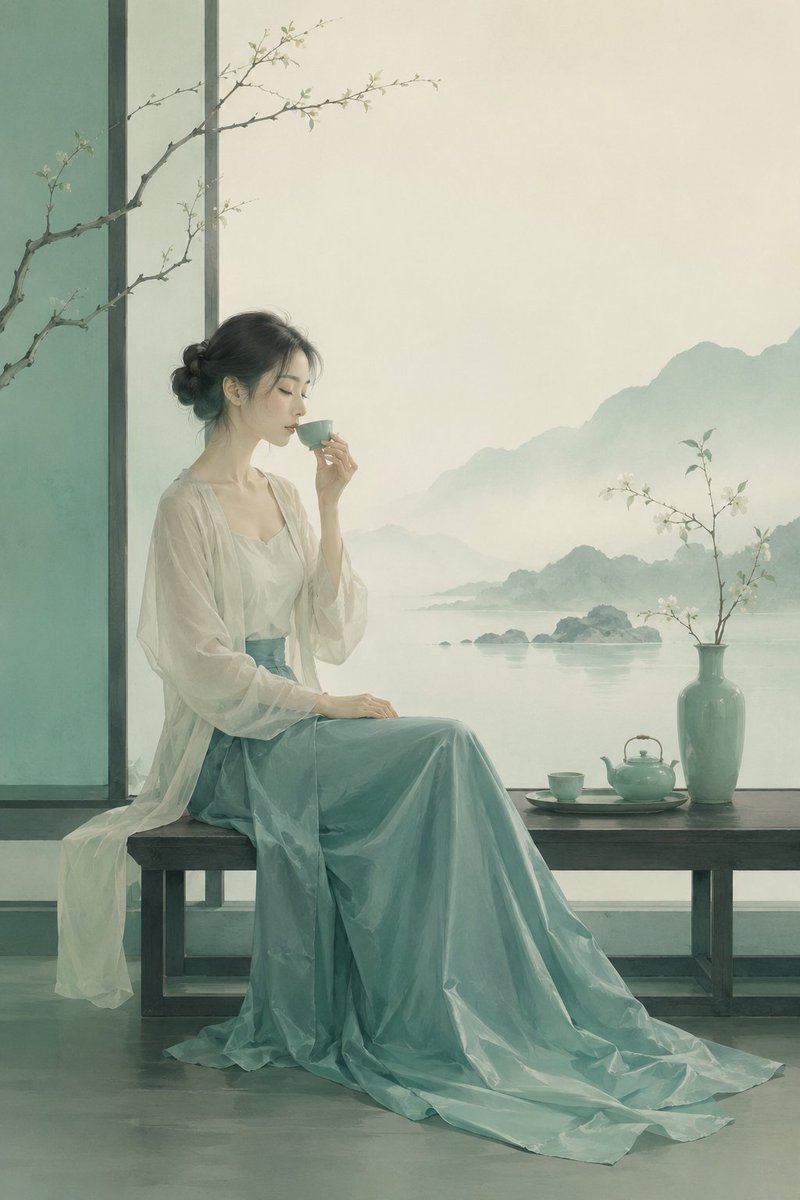 Eastern Zen Semi-Realistic Illustration in Cyan-Green — AI result, variation 3 of 4