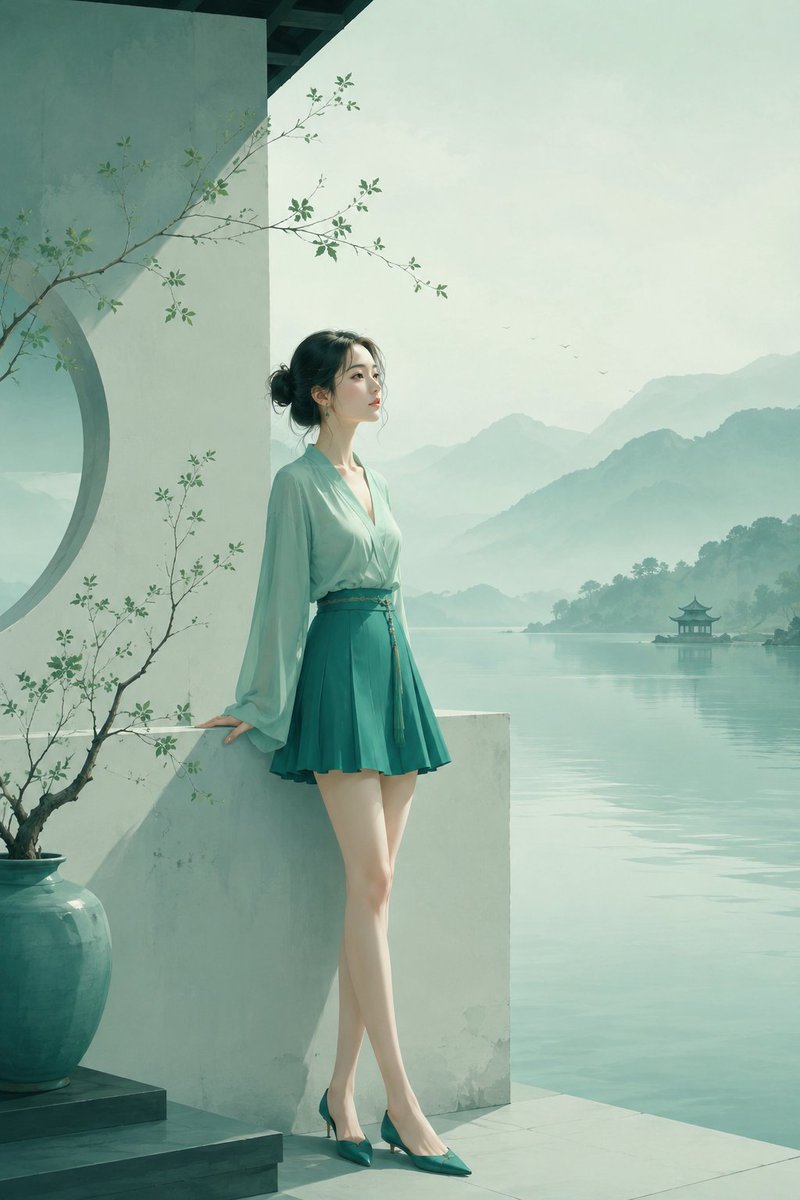 Eastern Zen Semi-Realistic Illustration in Cyan-Green — AI result, variation 4 of 4