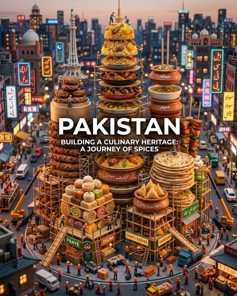 A tilt-shift miniature city built from a country's famous dishes, with national foods rising as skyscrapers and monuments while tiny workers build them under…