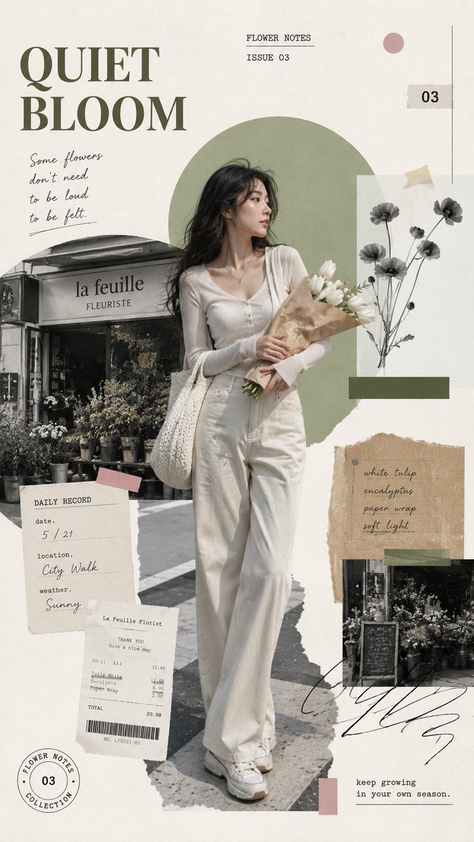 A vertical magazine-style poster on warm off-white paper, with a full-body subject anchoring the layout beside torn grayscale scene fragments, receipts, and…