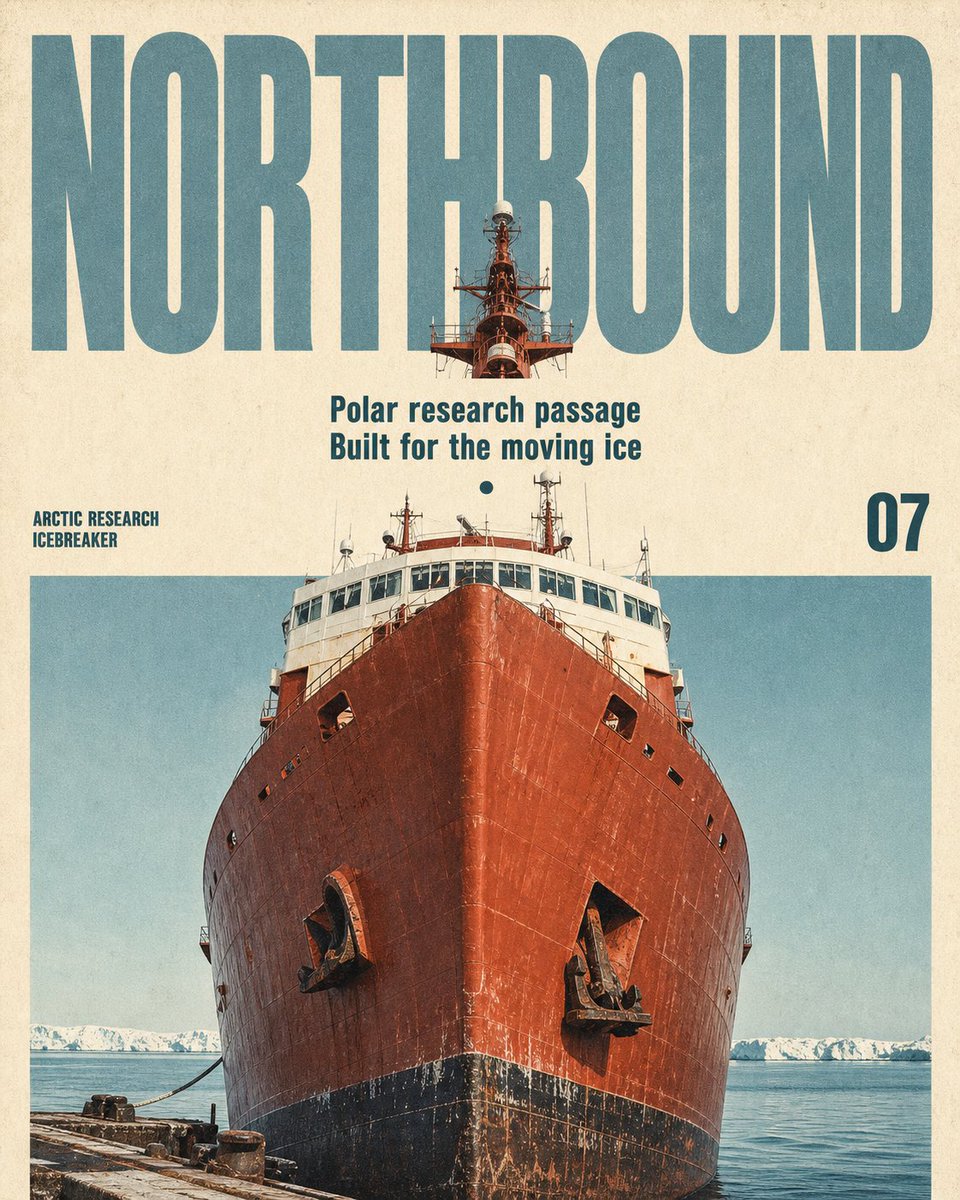 A cream aged-paper magazine cover where a condensed slate-blue headline weaves behind a low-angle photo of a tower, mast or dish, so the structure cuts through…