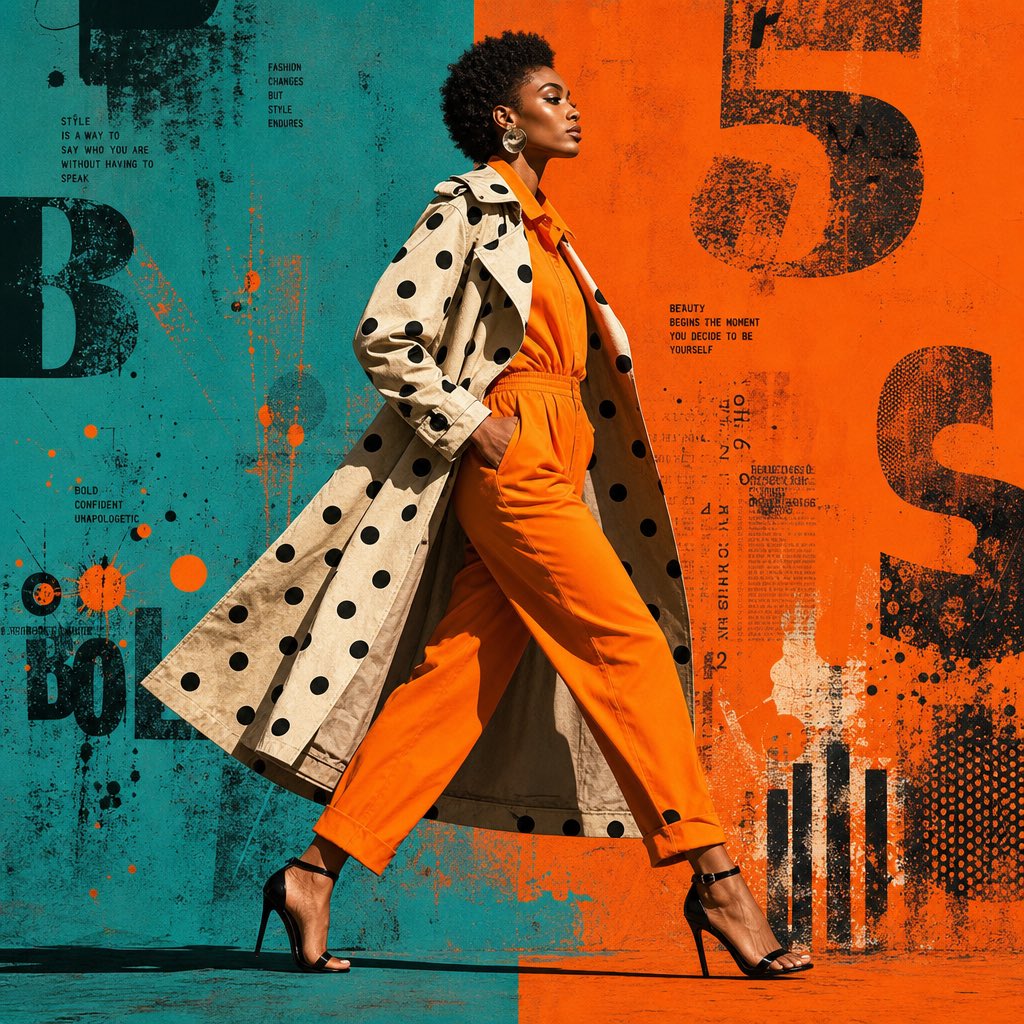 A striding figure in a bold polka-dot trench over orange, set against teal and orange graphic layers of halftone, type textures and paint splatter. The result…