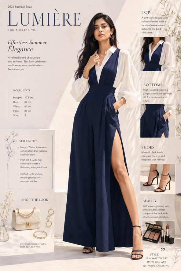 Editorial Fashion Magazine Layout With Courtyard Model — AI result, variation 3 of 3