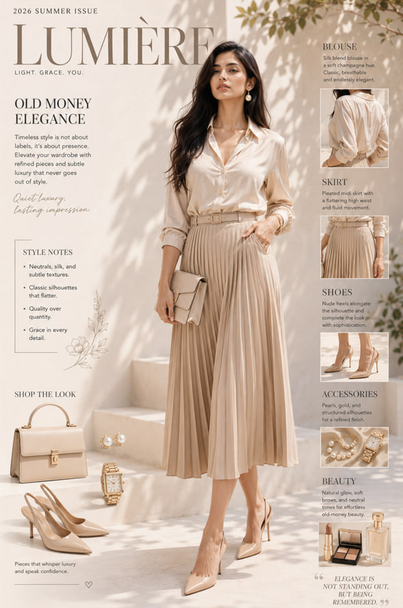 A full-body fashion cover in a sunlit courtyard, paired with magazine-style sections and product boxes around her. The layout reads like a glossy Paris spread…