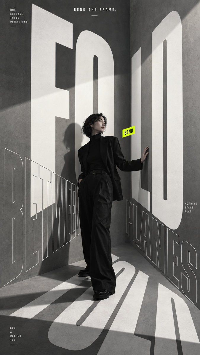 A single fashion subject stands inside a space of oversized condensed letters that bend across walls and floor, with hard studio shadows falling across the…