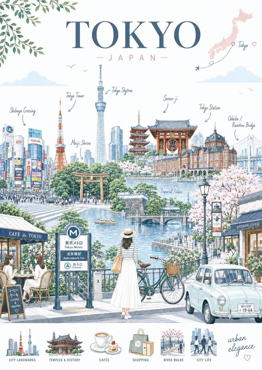 A calm, pastel city portrait built from clean vector shapes, with landmarks, gardens and street life arranged in a balanced layout. It reads like a feature…