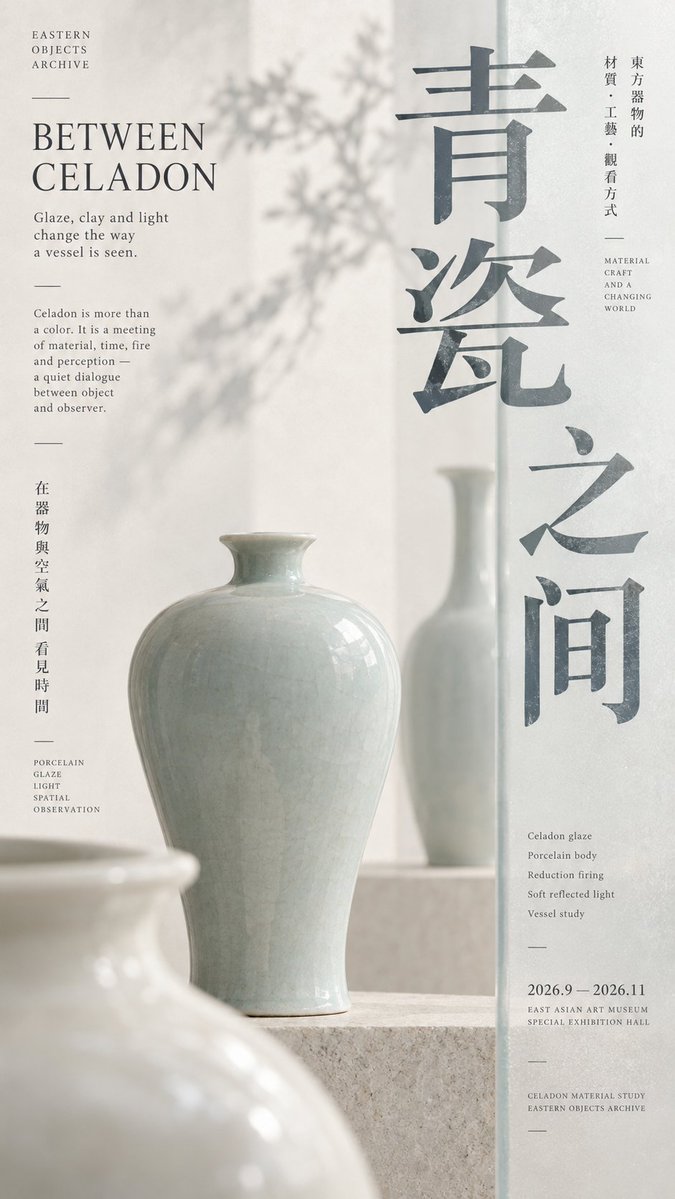 A vertical museum-style poster where a traditional artifact is cropped, suspended and layered against warm ivory paper, with a large Chinese headline, a serif…