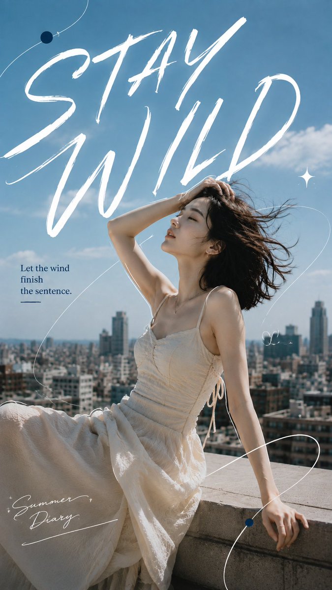 A 9:16 magazine-style poster where a realistic portrait carries most of the frame, with bold type and a few loose pen lines that follow the subject's pose. The…