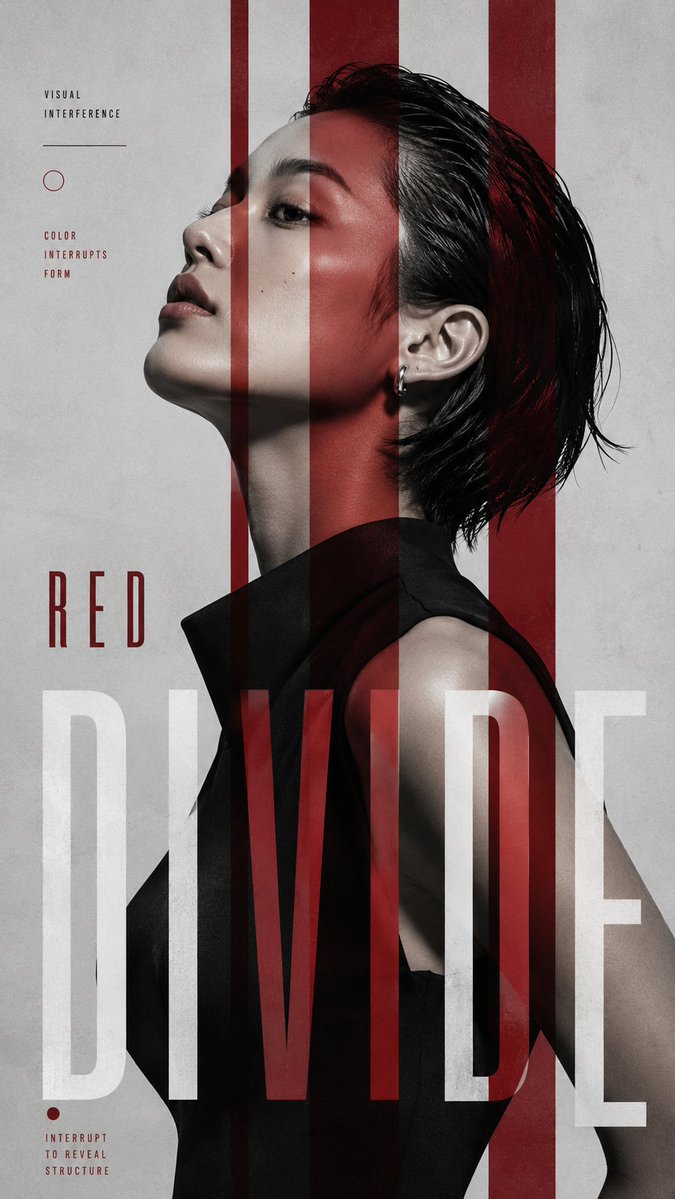 A tall fashion portrait cut through by one bold intervention, such as a color split, a narrow beam of light, a horizontal cut or a motion veil. Typography…