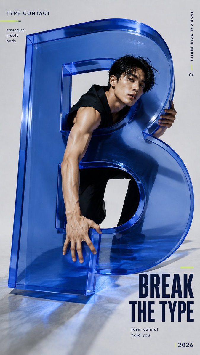 A high-fashion poster where a person grips, climbs or sits inside a monumental 3D letter. The shadows and layered depth make the typography feel like real…
