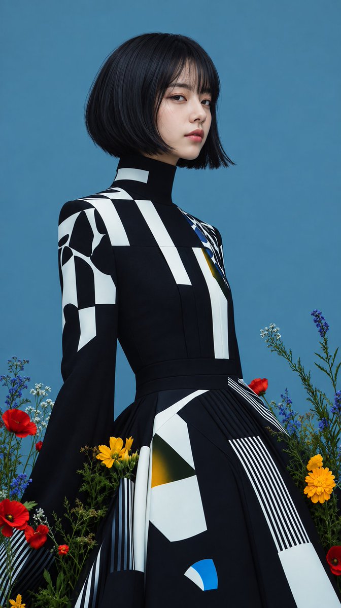 A young woman in a sleek blunt bob turns in profile against a slate-blue backdrop, her high-collared gown built from bold black-and-white geometry. Wildflowers…