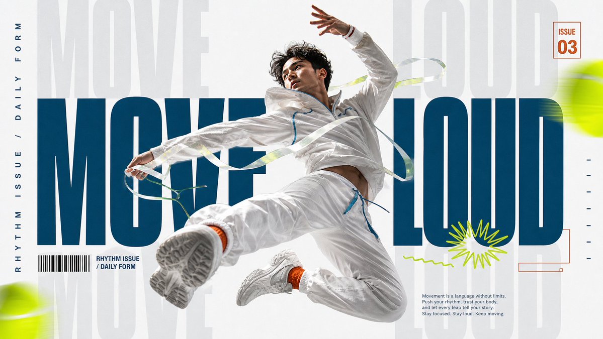 A horizontal sports poster on off-white paper where a sharp athlete sits between an oversized navy headline and a ghosted copy of the same word. Neon…