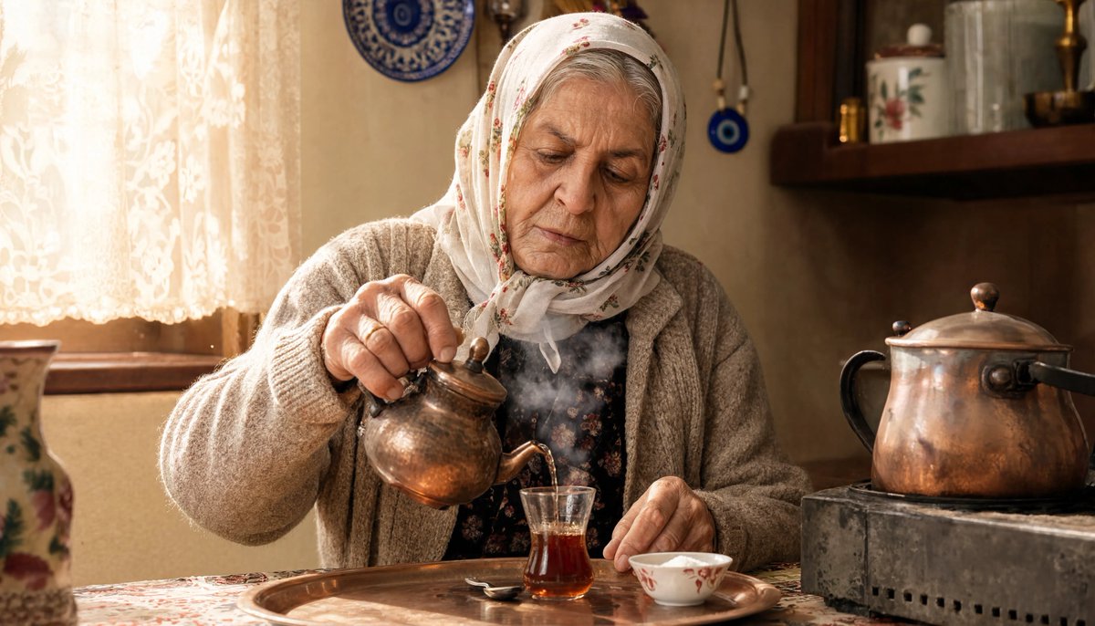 A close-up of steam rising from a copper teapot, weathered hands and a white headscarf in a sunlit kitchen. The soft haze and warm light make an ordinary…